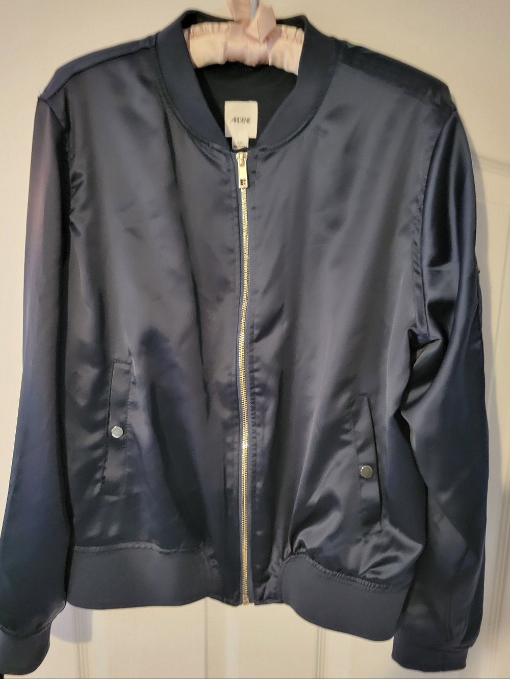 Ardene Navy Satin Bomber Jacket with Gold Zipper SZ. L - Picture 5 of 9